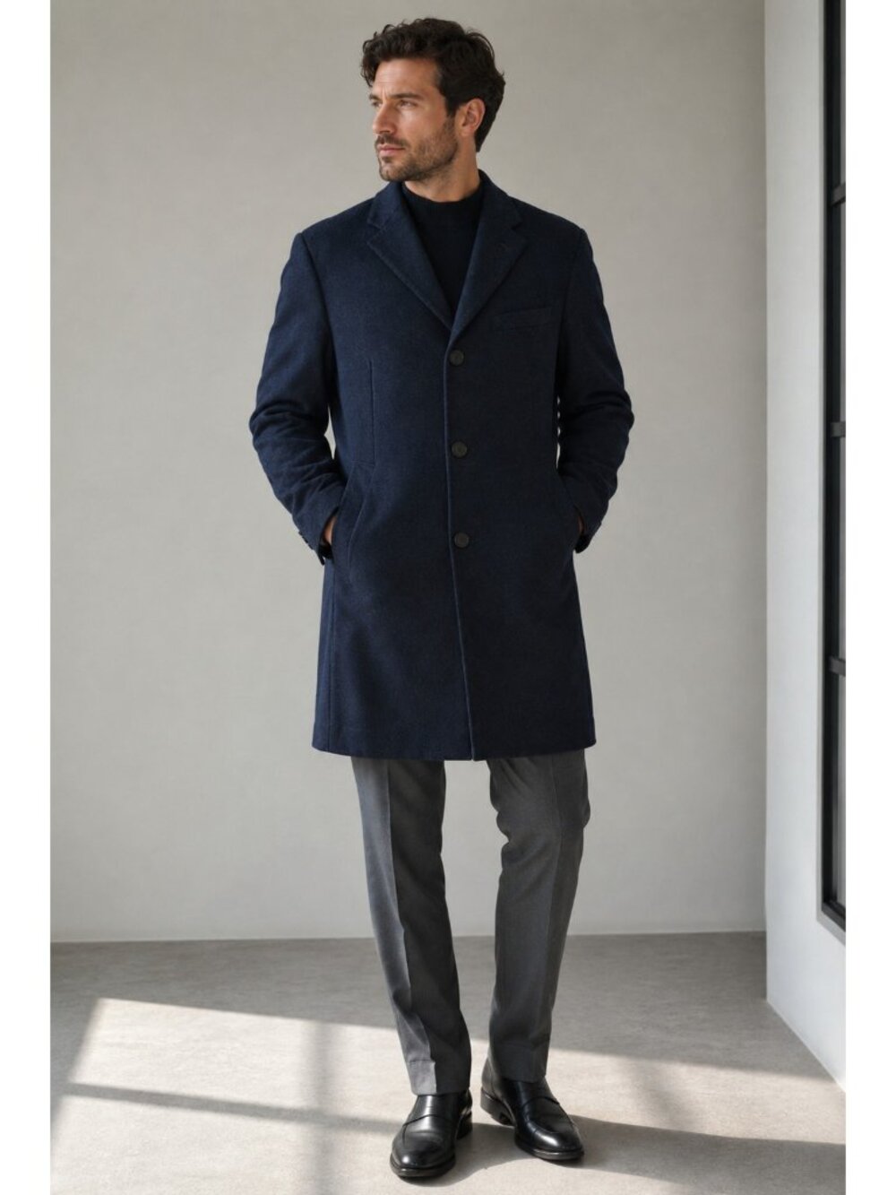 UNIQLO Men’s L Navy Wool Cashmere Chesterfield Long Overcoat